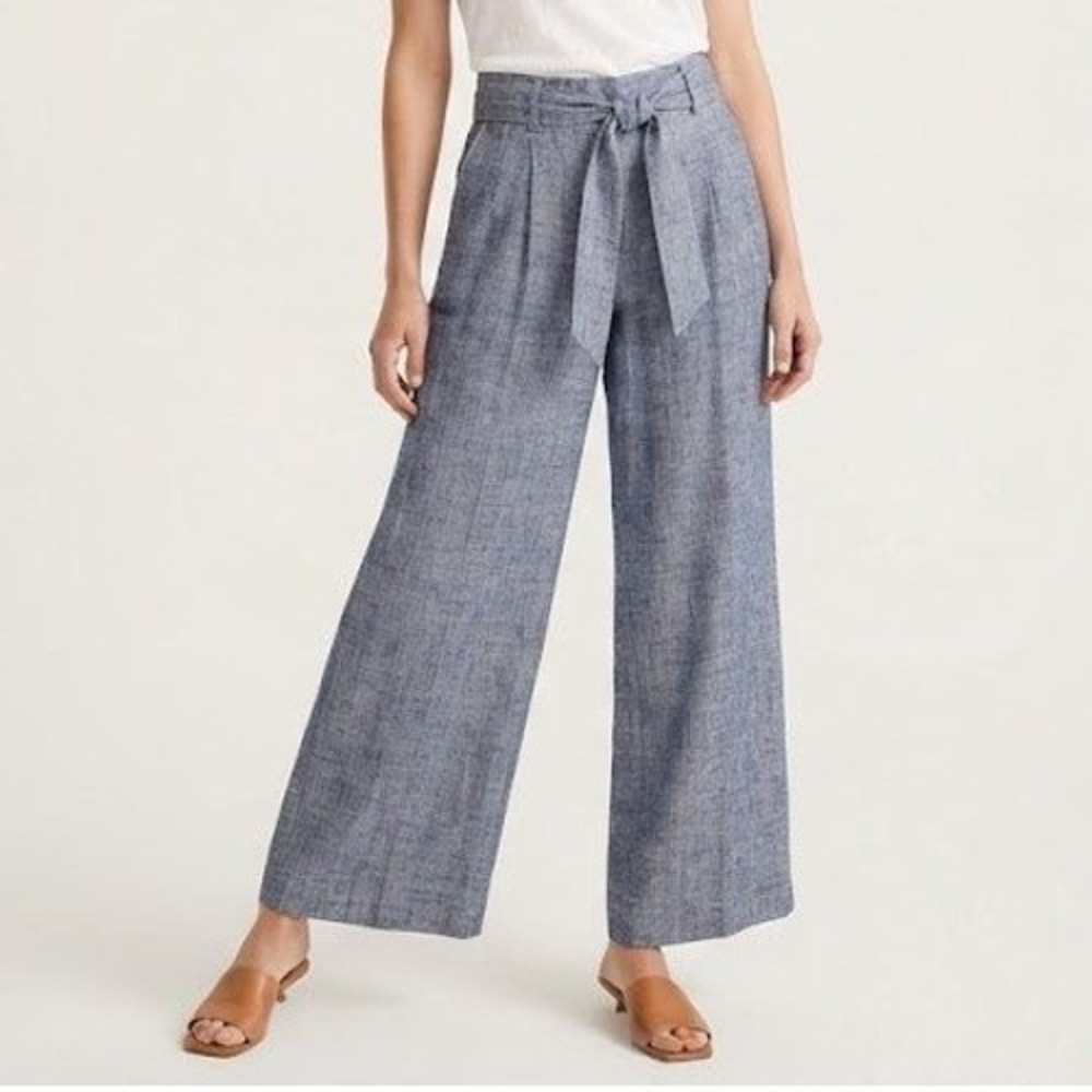 Banana Republic Wide Leg Pants Womens 8L Blue Excellent Linen Blend Tie Waist
